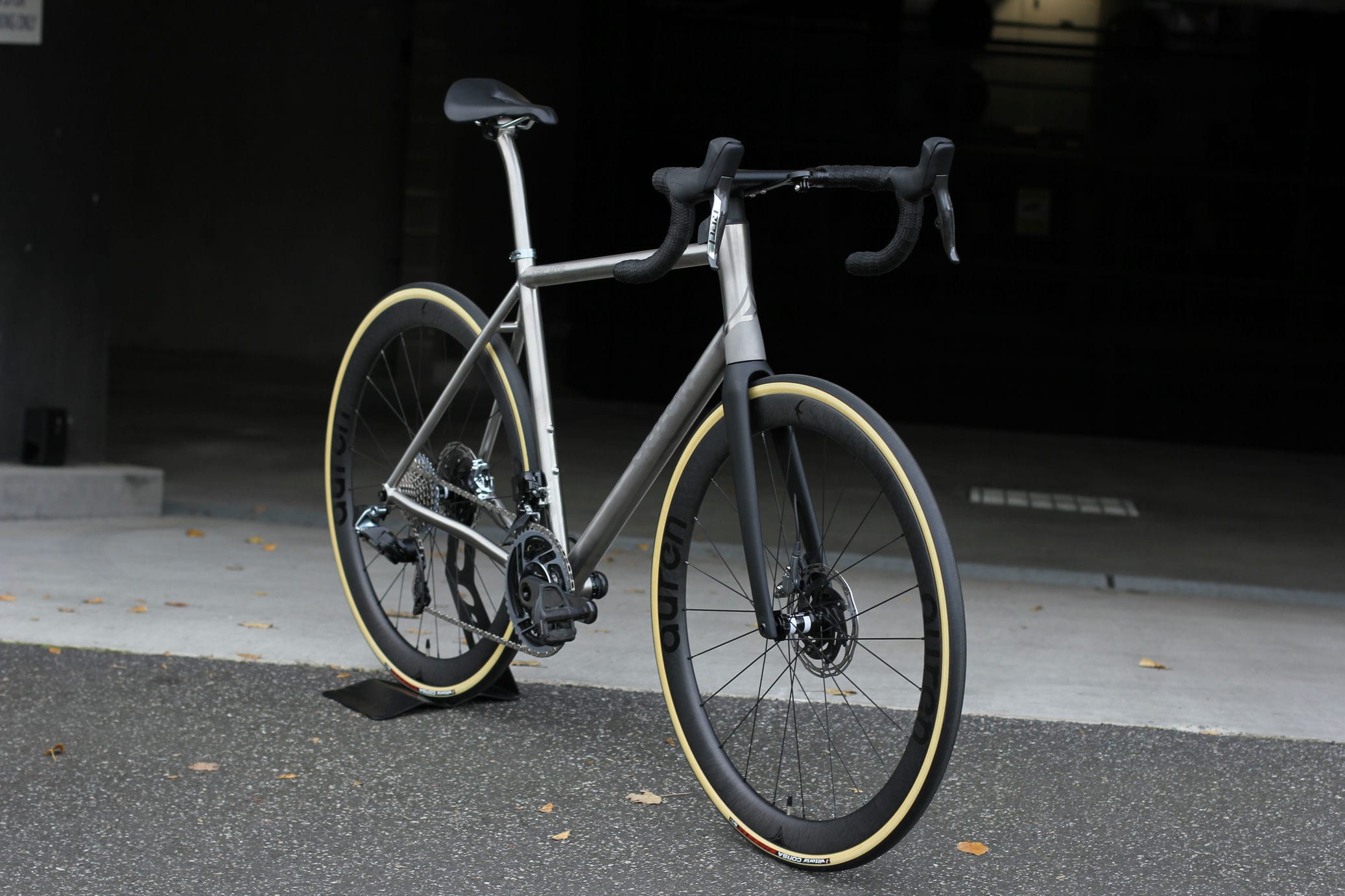 Auren titanium road bike with SRAM Red, front three-quarter view