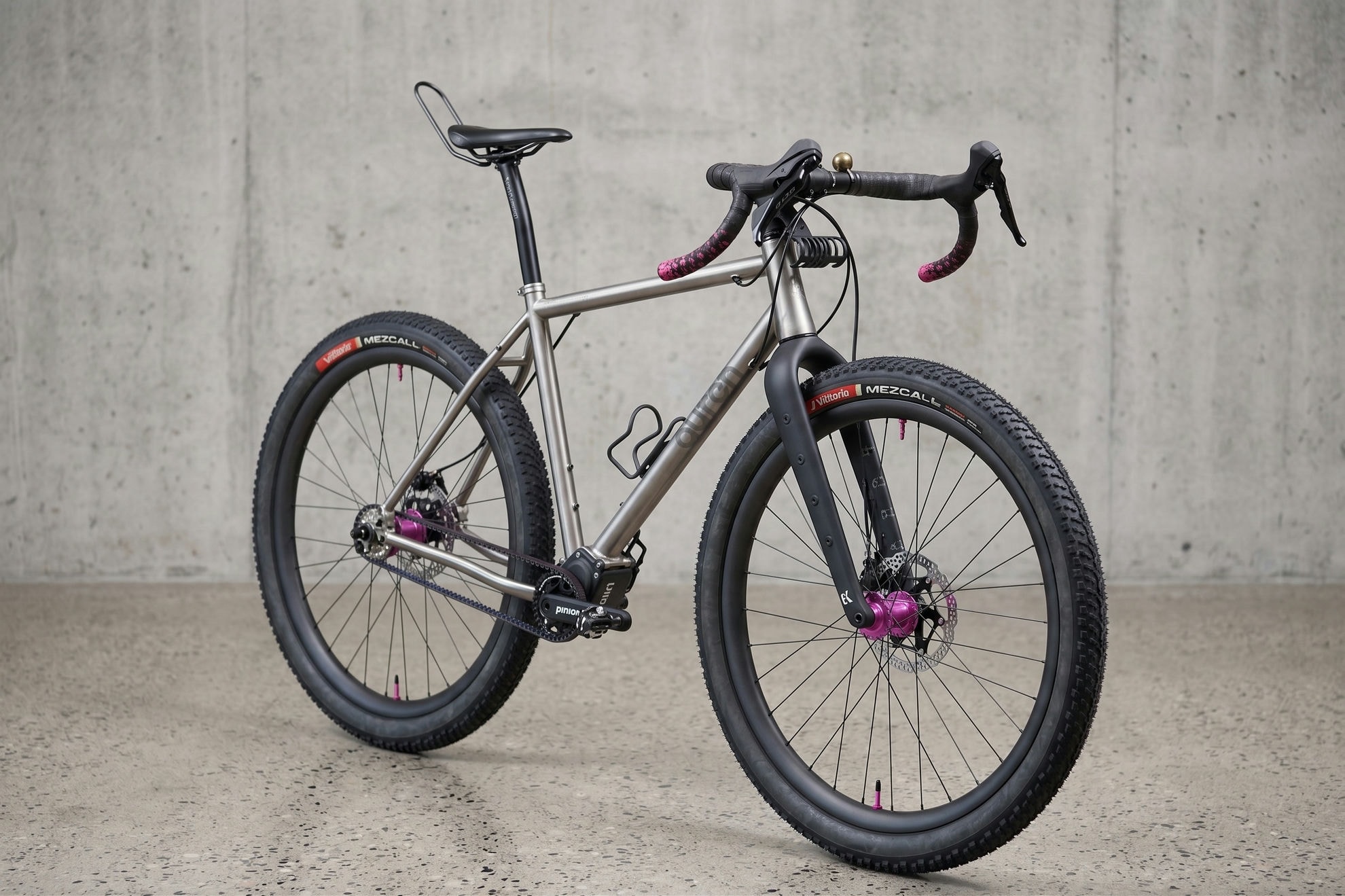 Auren titanium drop-bar Pinion bike with mechanical shifting, three-quarter view