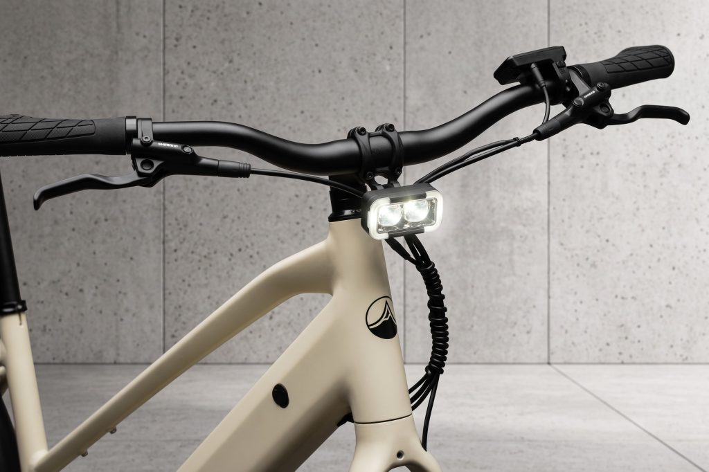 Integrated front LED light lit up below the Auren EV5 handlebar