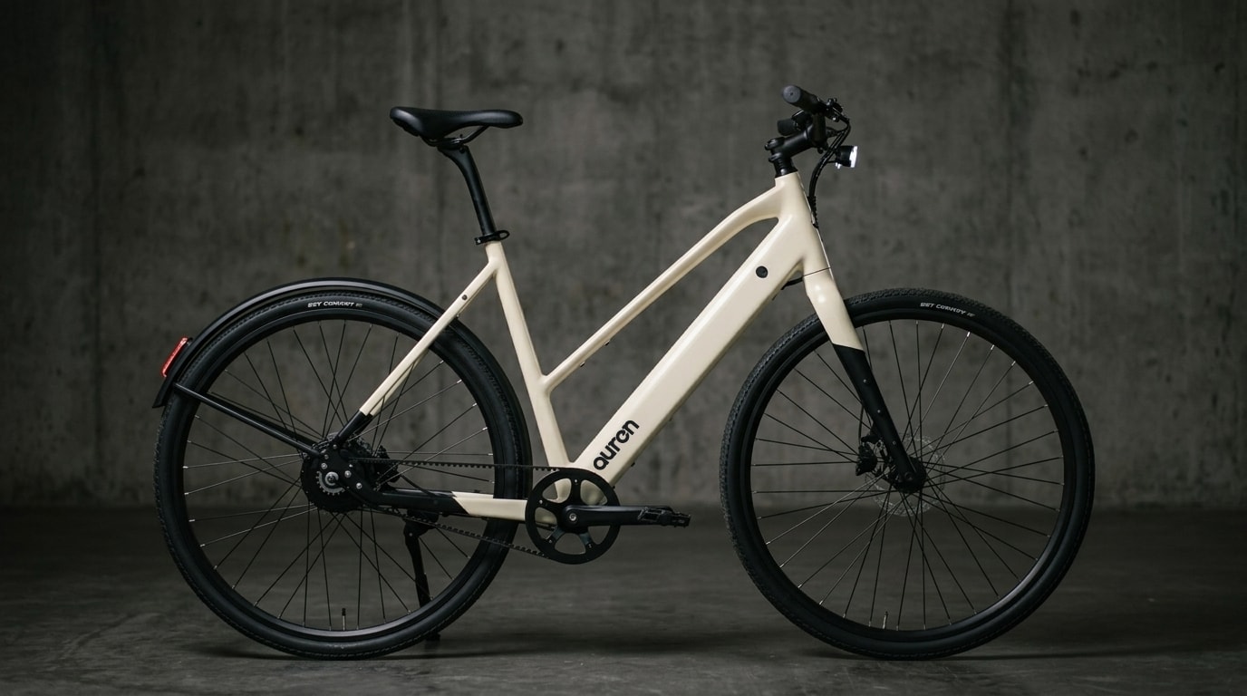 Auren EV5 automatic eBike in Sand on a dark concrete background