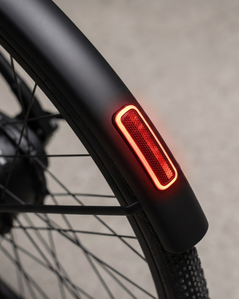The EV5's alloy rear mudguard with integrated rear light