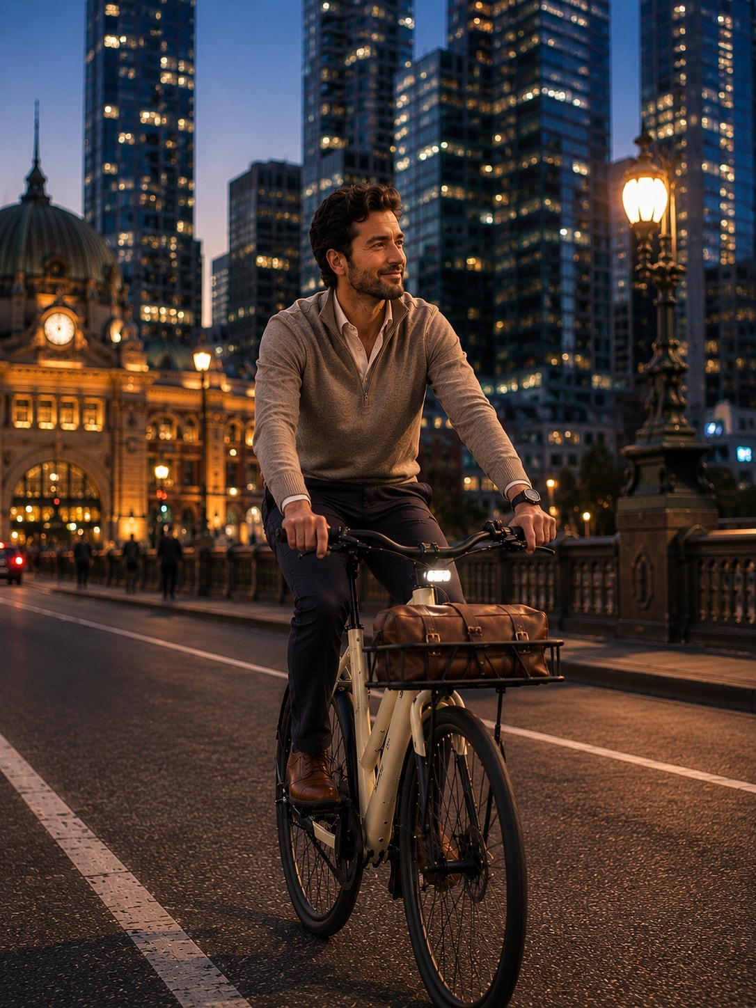 Rider leaving work on an Auren EV5 at dusk in the city