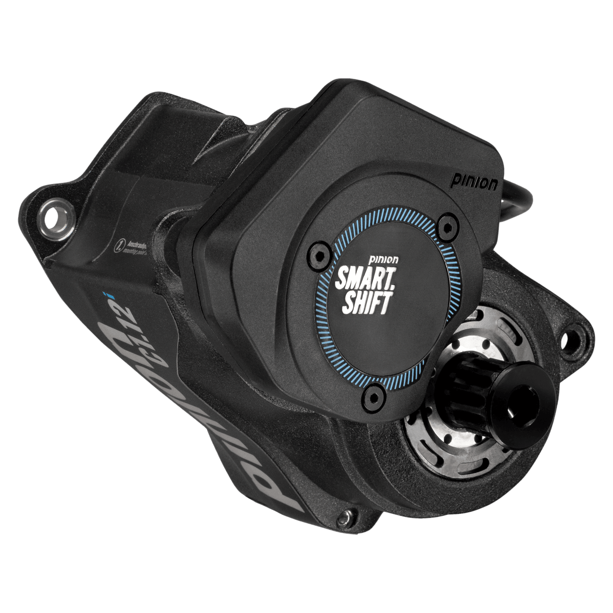 Pinion Smart.Shift C1.12i gearbox unit shown on its own from the drive side, with the Smart.Shift cover and belt sprocket visible.