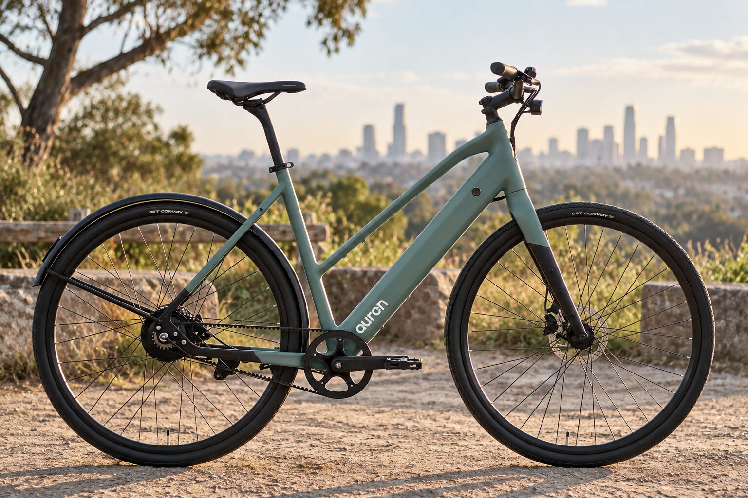 A sage Auren EV5 eBike on Yarra Boulevard with the city skyline behind