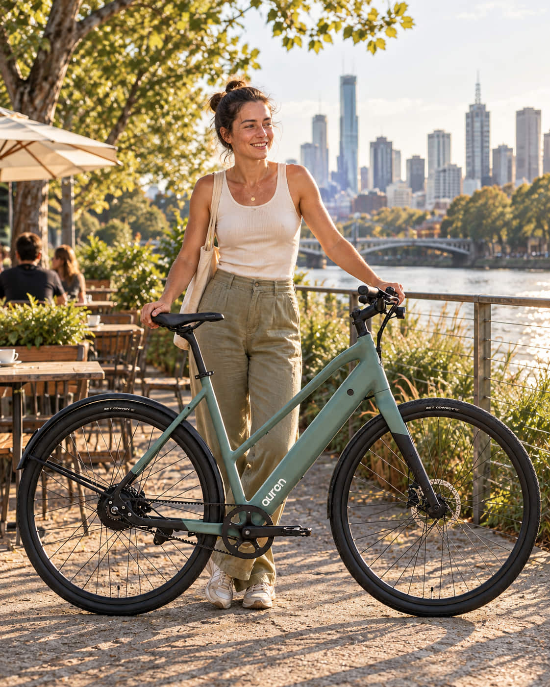 Lorena riding the Auren EV5 in Melbourne